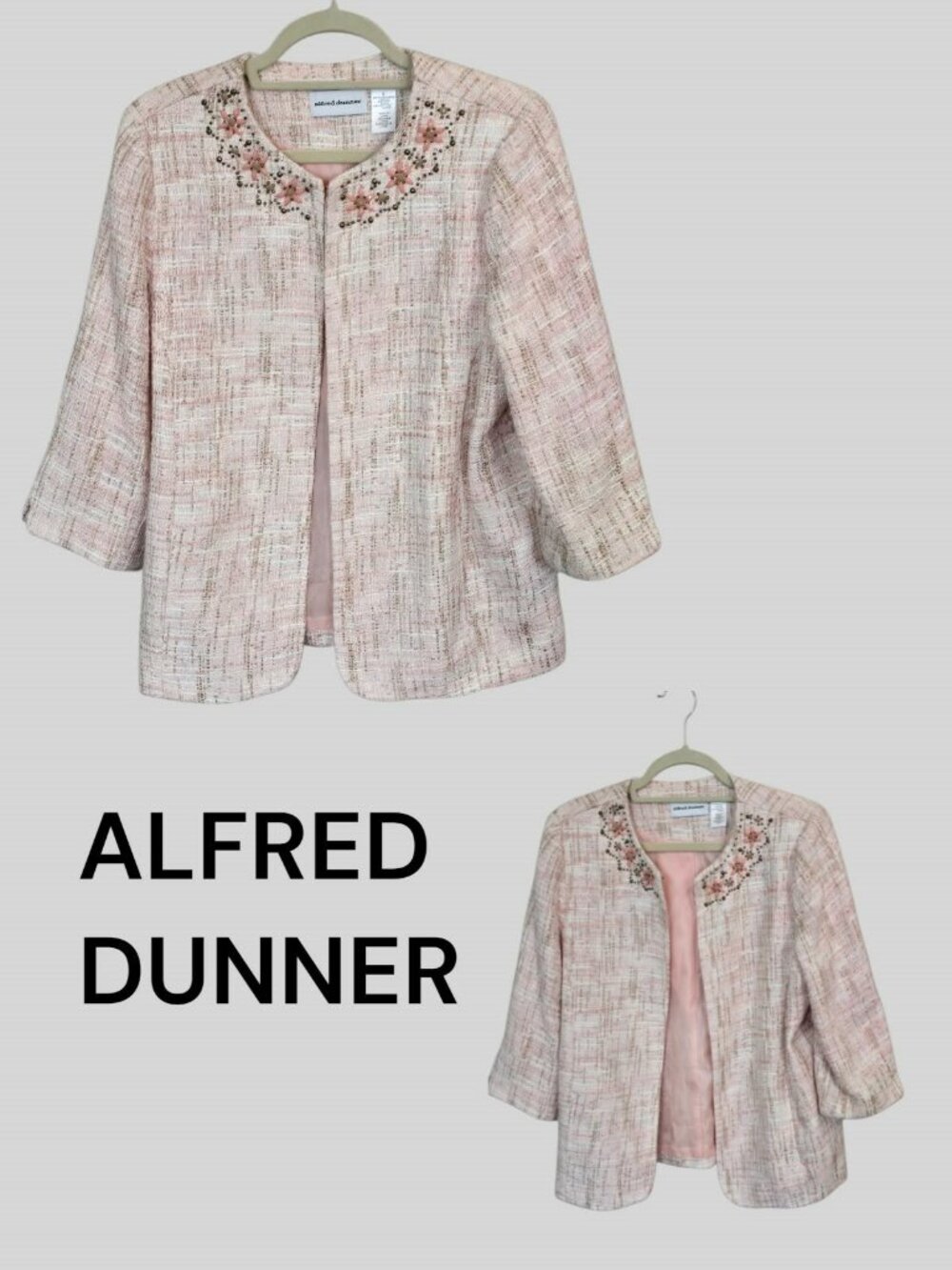 Alfred Dunner Pink Cream Tweed Beaded Floral Embroidery Blazer Jacket Womens 12